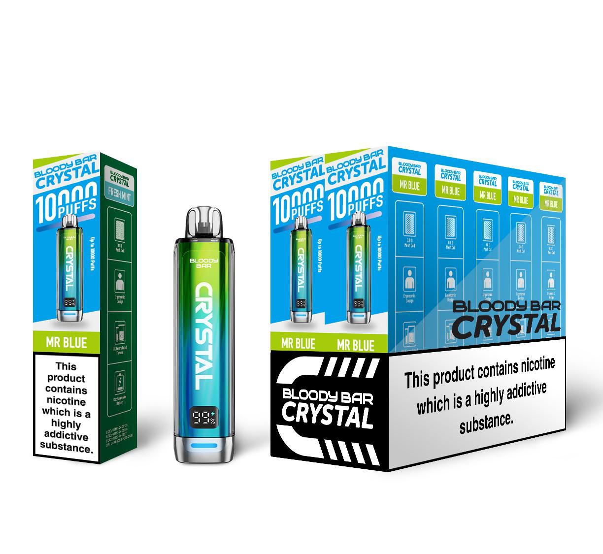 Bloody Crystal 10K Prefilled Pod kit featuring Box of 10 of flavour Mr. Blue