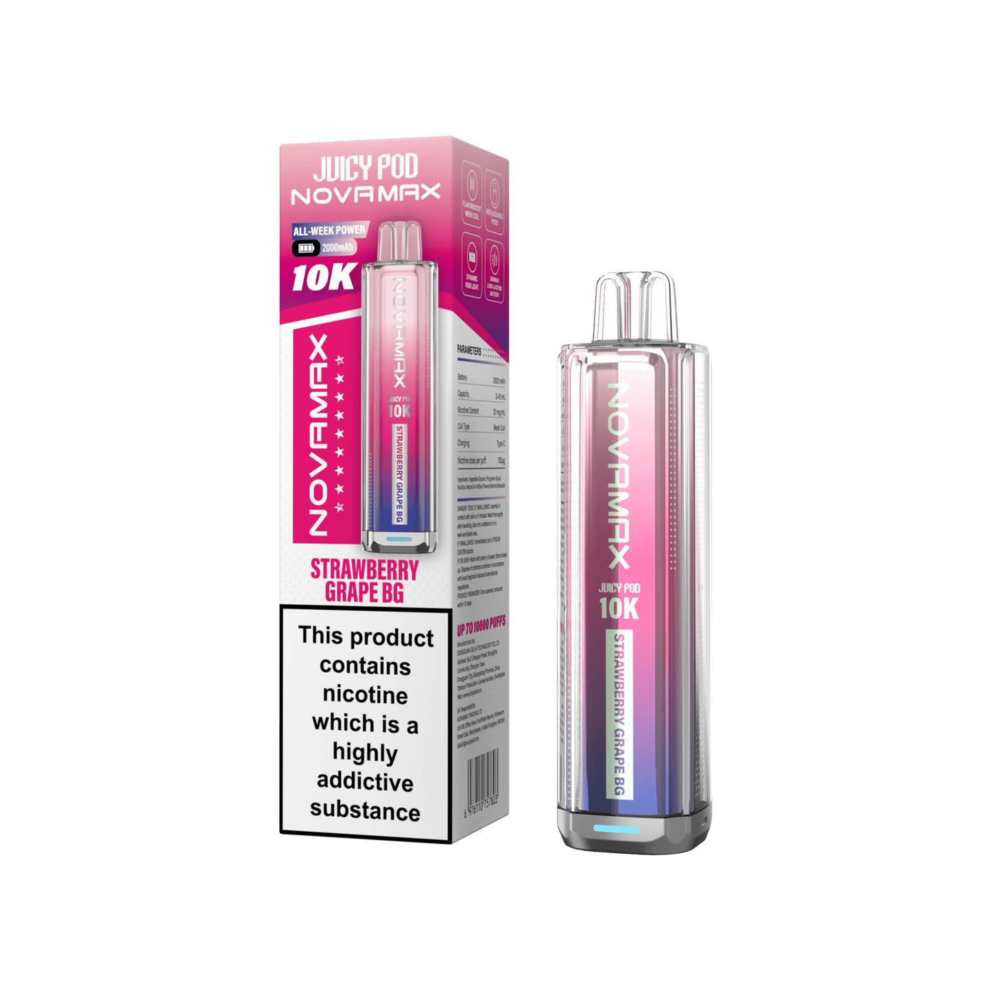 Juicy Pod Novamax 10k Prefilled Pod Vape Kit - Pack of 5 available in Strawberry Grape GB Flavour 