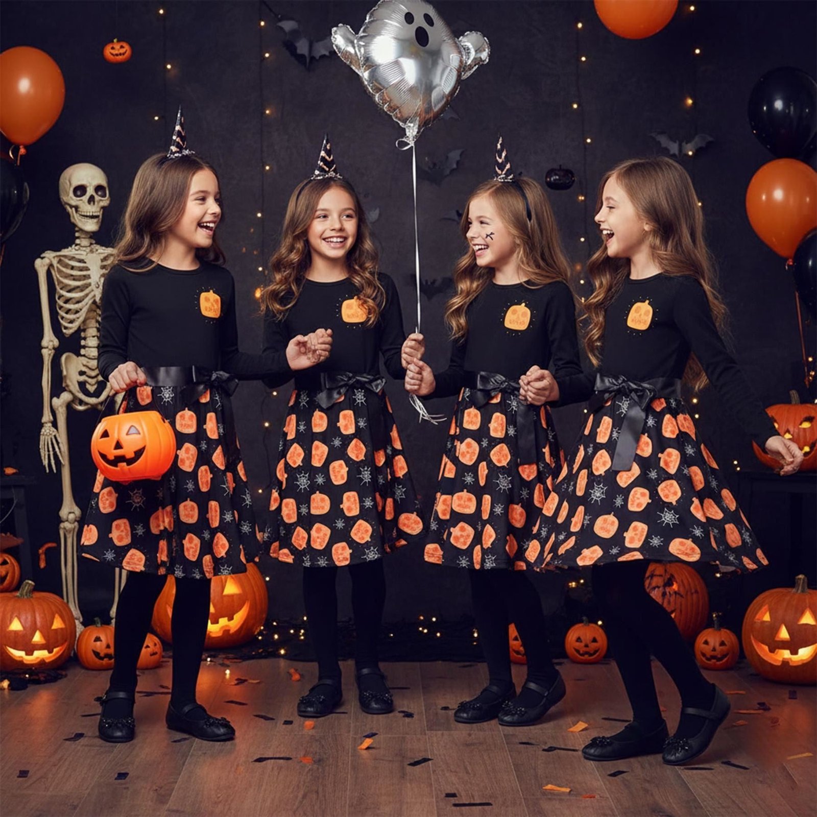Girls Long Sleeves Black Panelled Pumpkins Print Halloween Skater Dress - Image 6