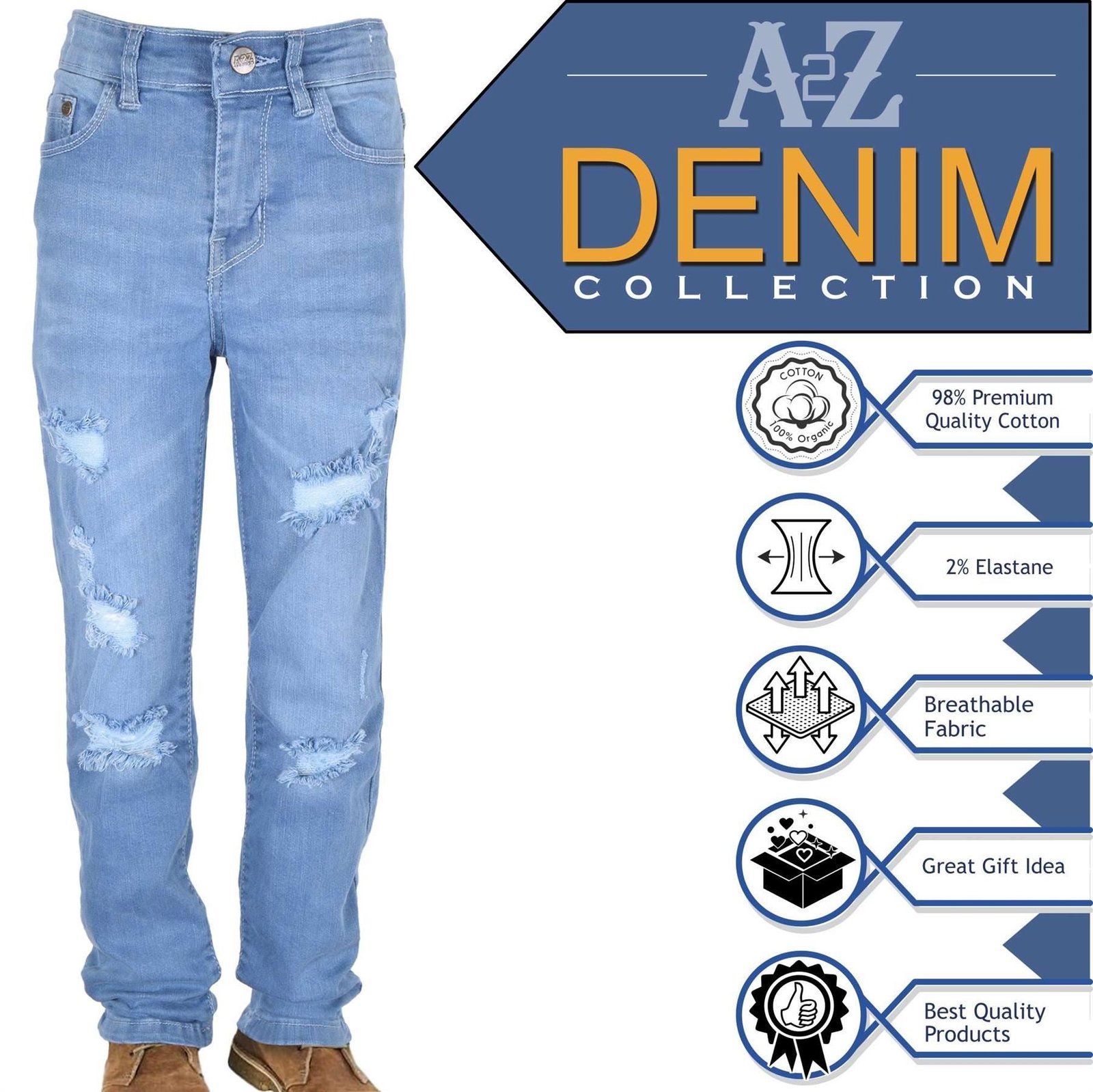 Kids Boys Relaxed Straight Fit Boot Cut Light Blue Ripped Jeans - Image 3