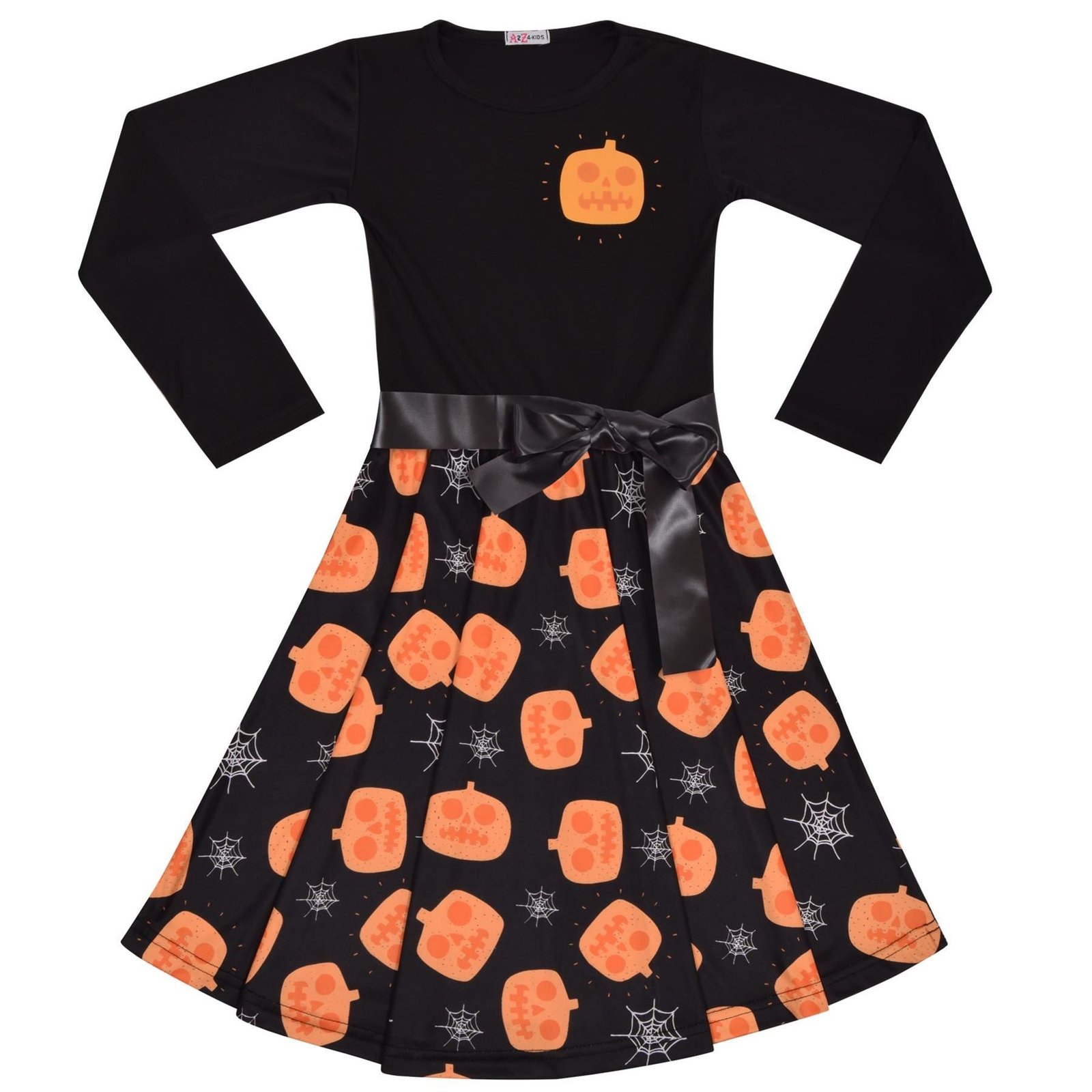 Girls Long Sleeves Black Panelled Pumpkins Print Halloween Skater Dress - Image 9