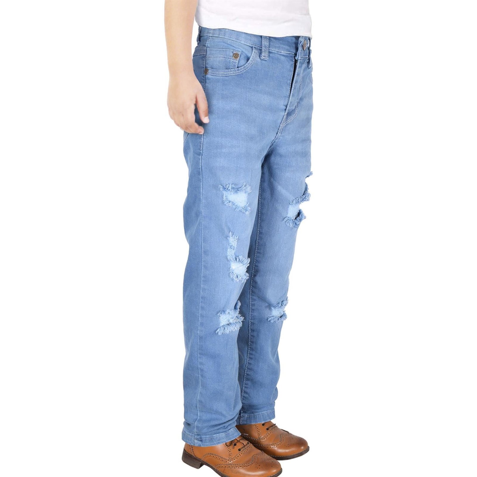 Kids Boys Relaxed Straight Fit Boot Cut Light Blue Ripped Jeans - Image 7