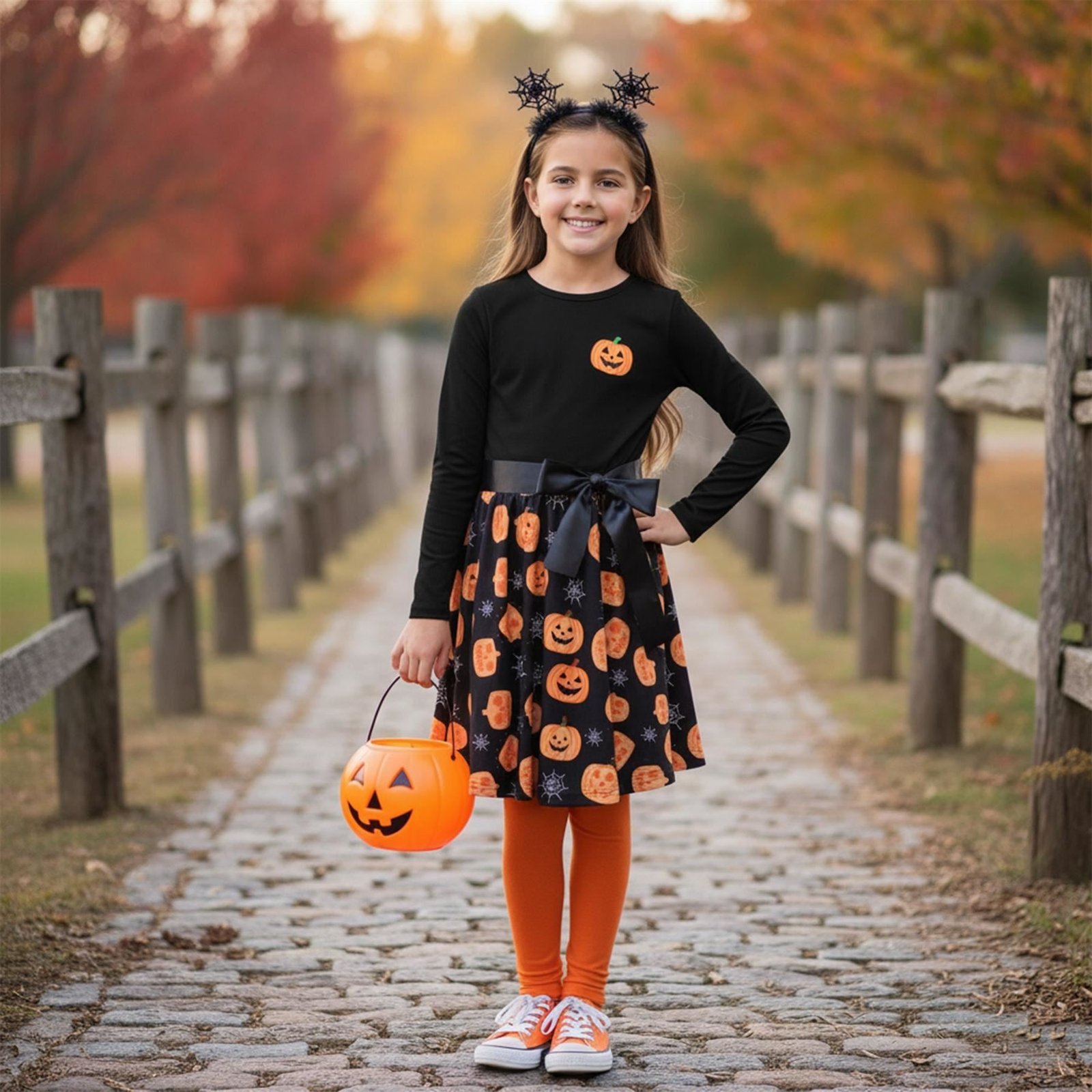 Girls Long Sleeves Black Panelled Pumpkins Print Halloween Skater Dress - Image 4
