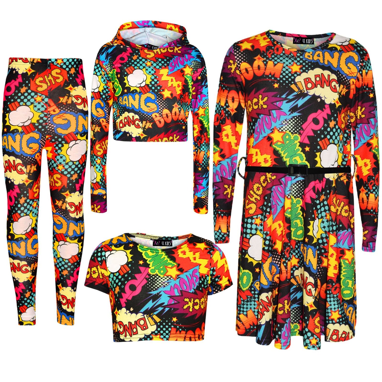 Kids Girls Wow Bang Boom Print Skater Dress Hooded Crop Top Legging