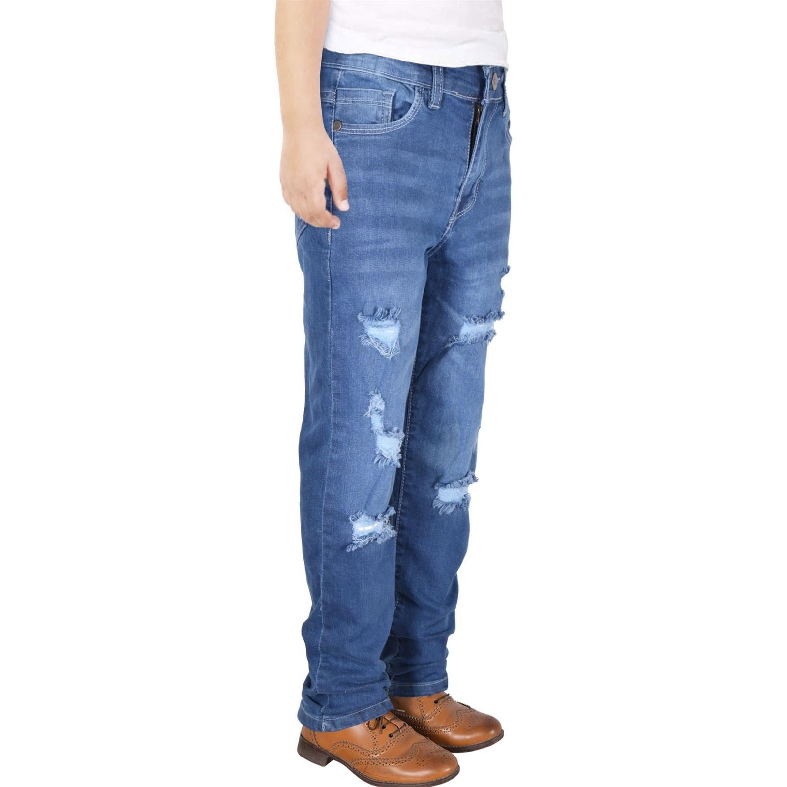 Kids Boys Relaxed Straight Fit Boot Cut Mid Blue Ripped Jeans - Image 7