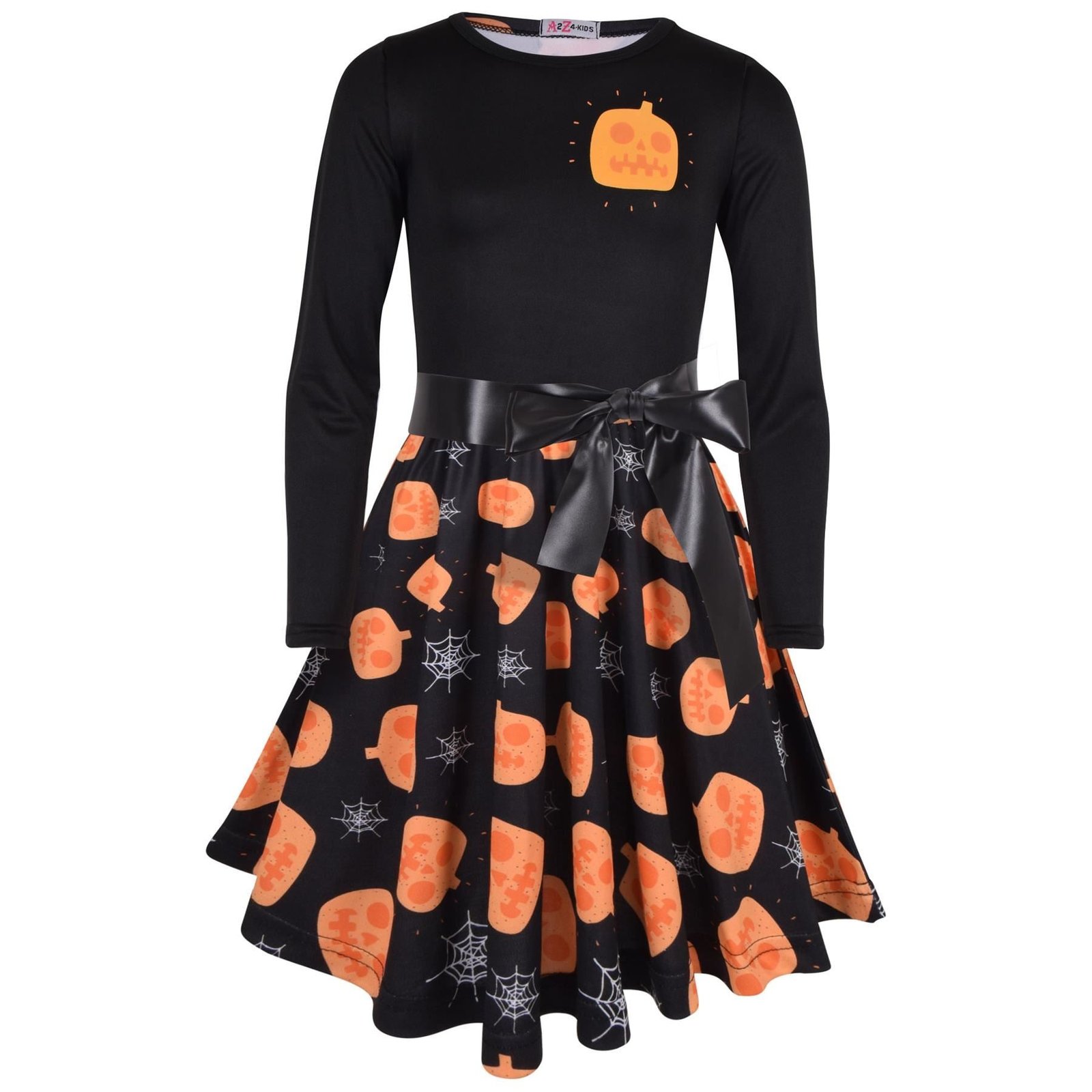 Girls Long Sleeves Black Panelled Pumpkins Print Halloween Skater Dress - Image 11