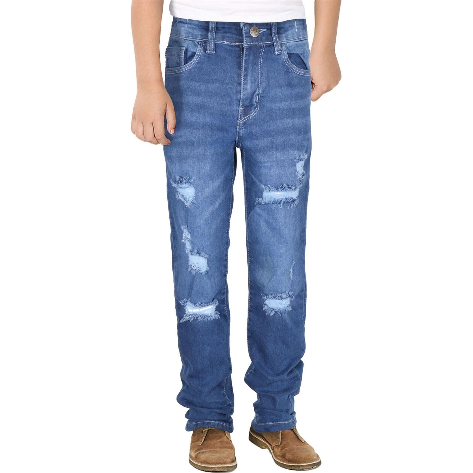 Kids Boys Relaxed Straight Fit Boot Cut Mid Blue Ripped Jeans