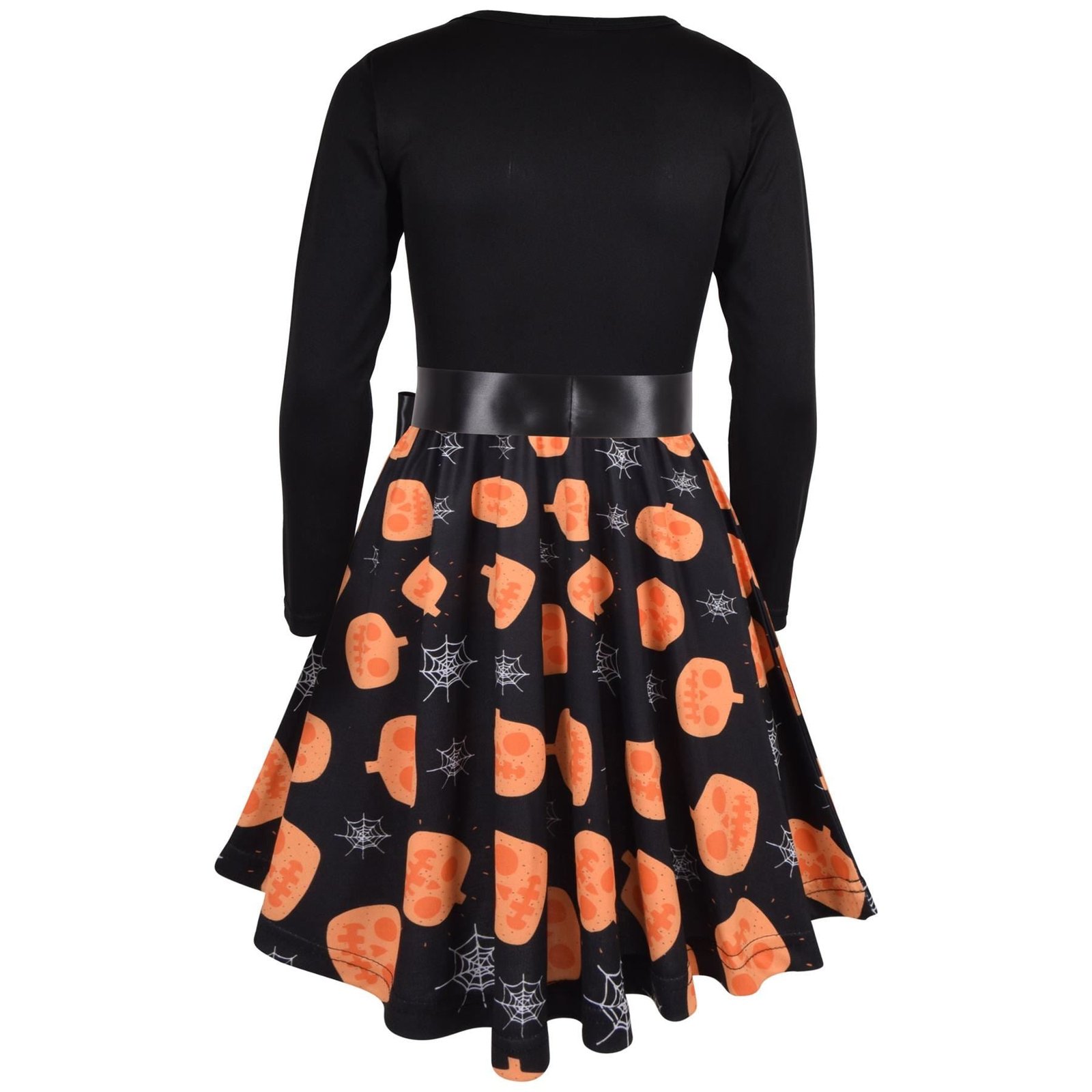 Girls Long Sleeves Black Panelled Pumpkins Print Halloween Skater Dress - Image 13