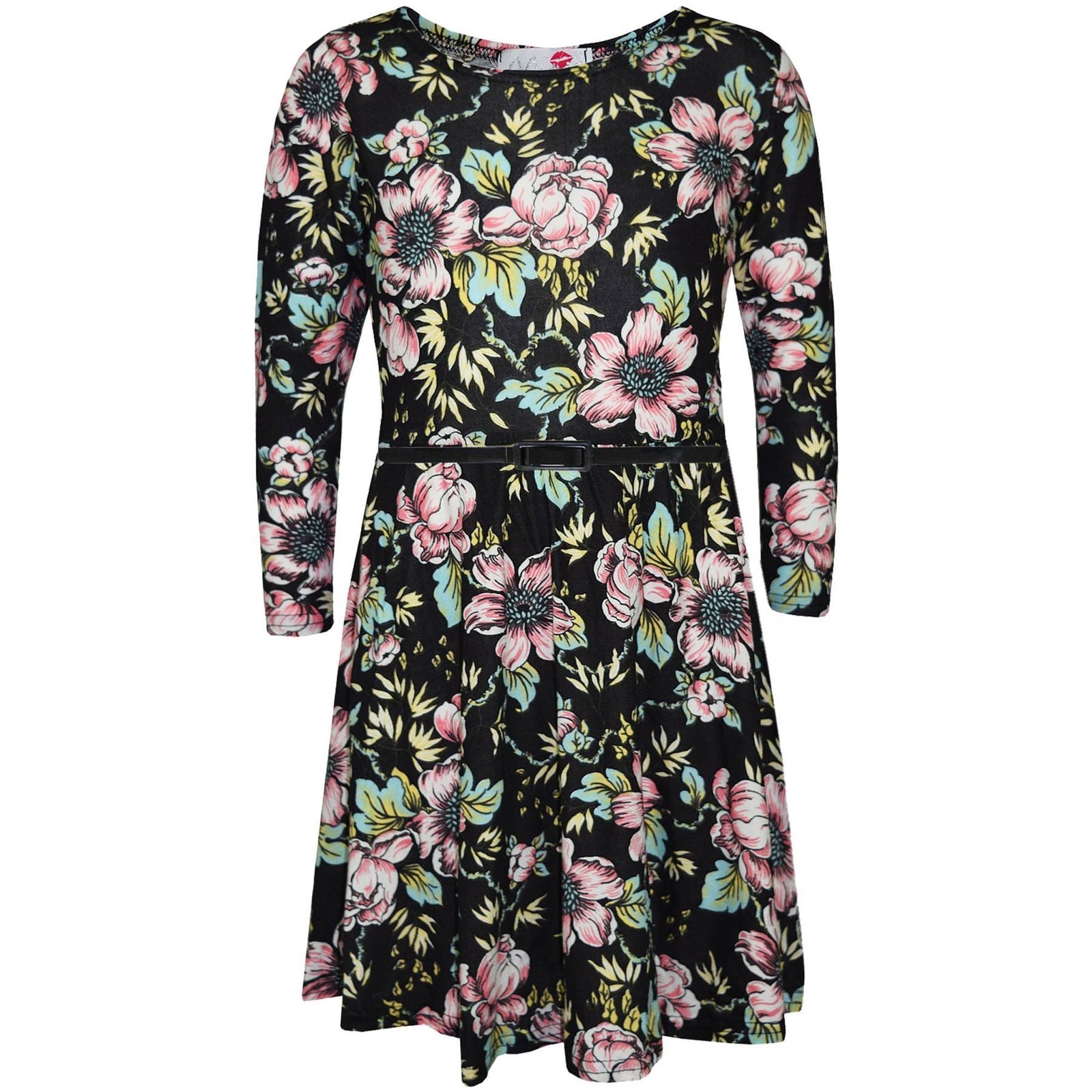 Kids Girls Skater Dress Floral Black Print Midi Dresses - Image 2