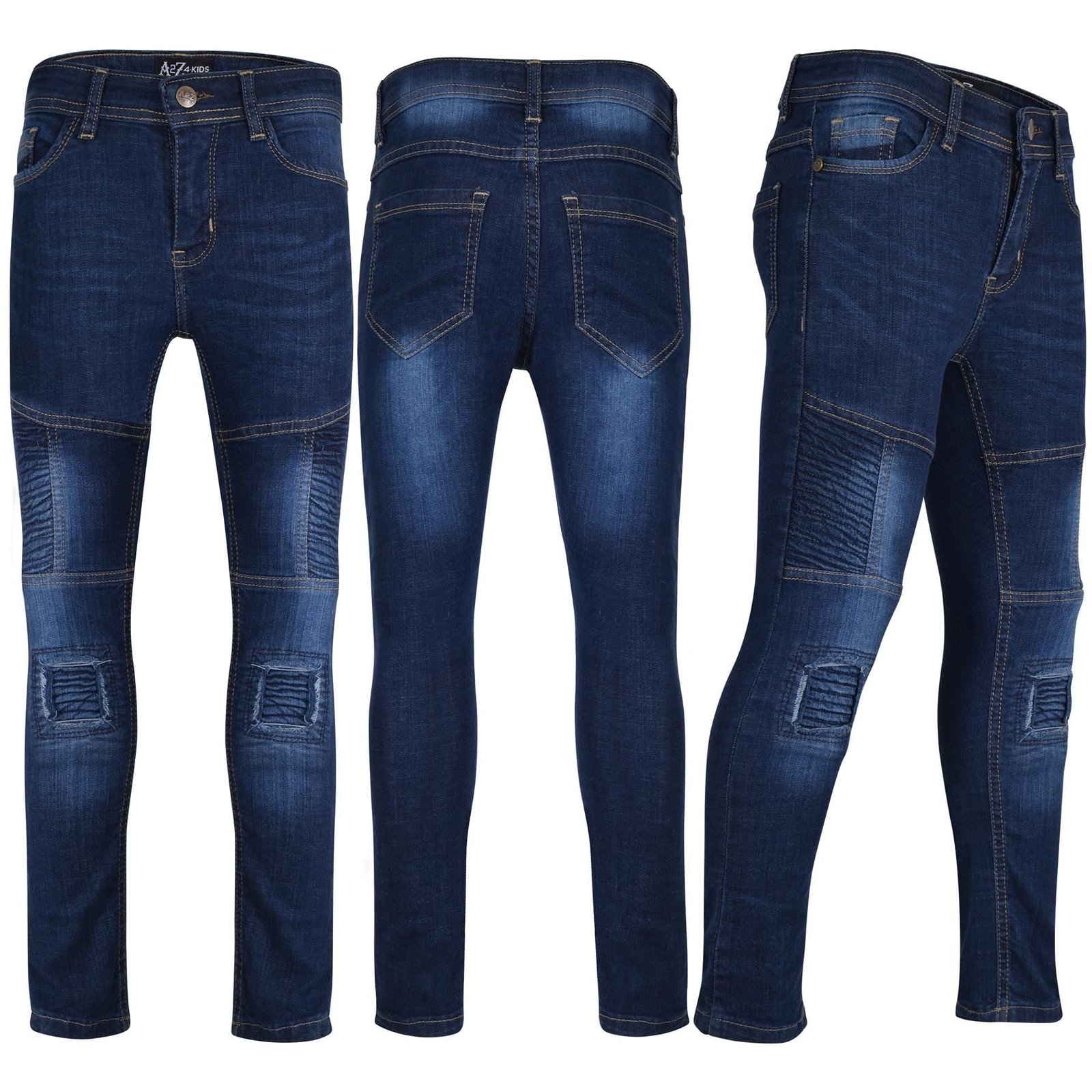 Boys Skinny Ripped Dark Blue Classic Cotton Patched Pants - Image 6