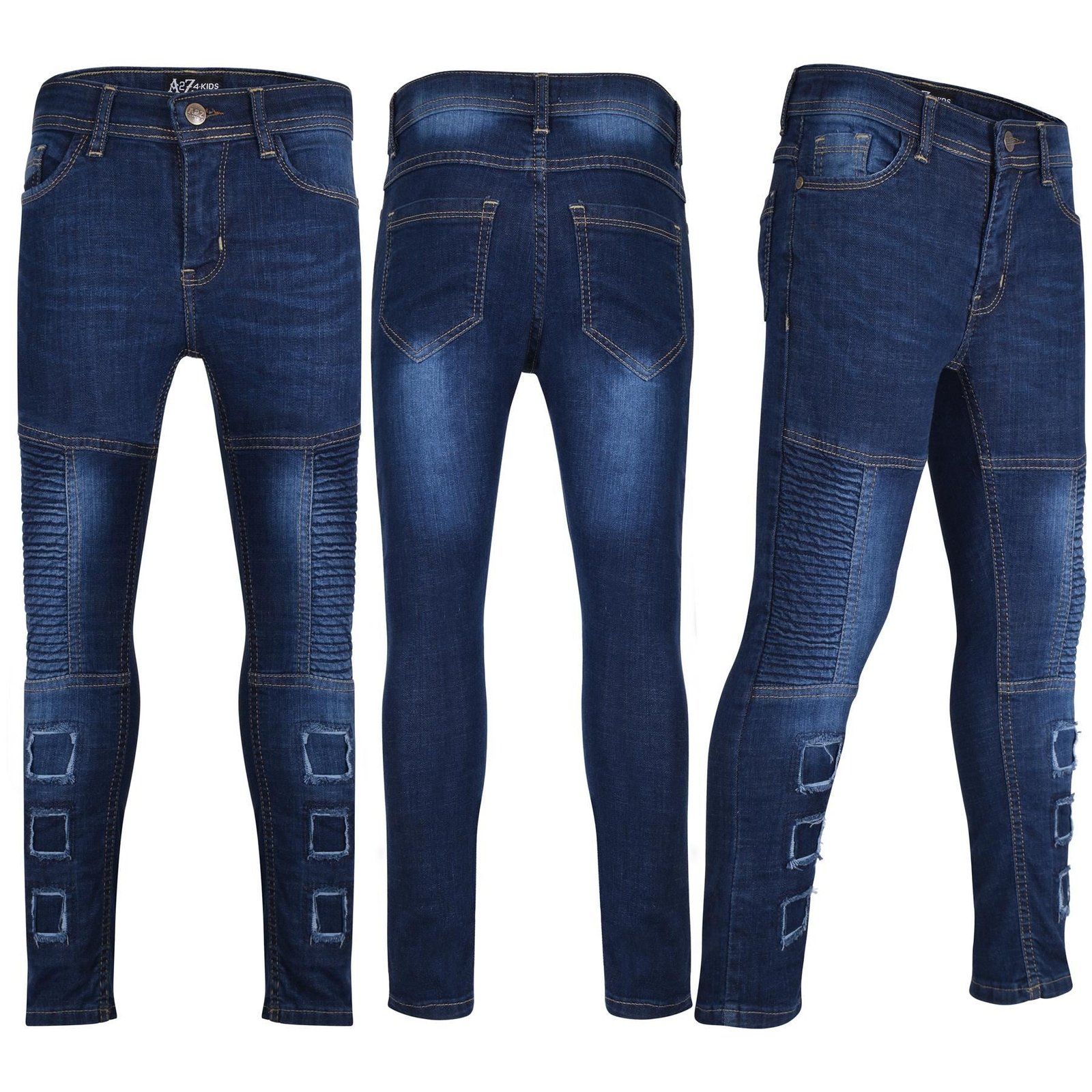 Kids Boys Ripped Jeans Dark Blue Denim Biker Pants - Image 6