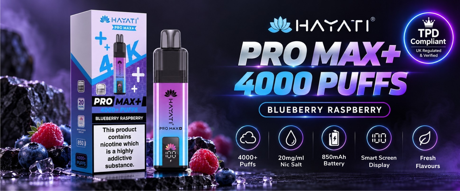 hayati pro max+ 4000 prefilled pod kit box of 5 4000+ puffs 20mgml nic salt 850mah battery smart screen display fresh flavours