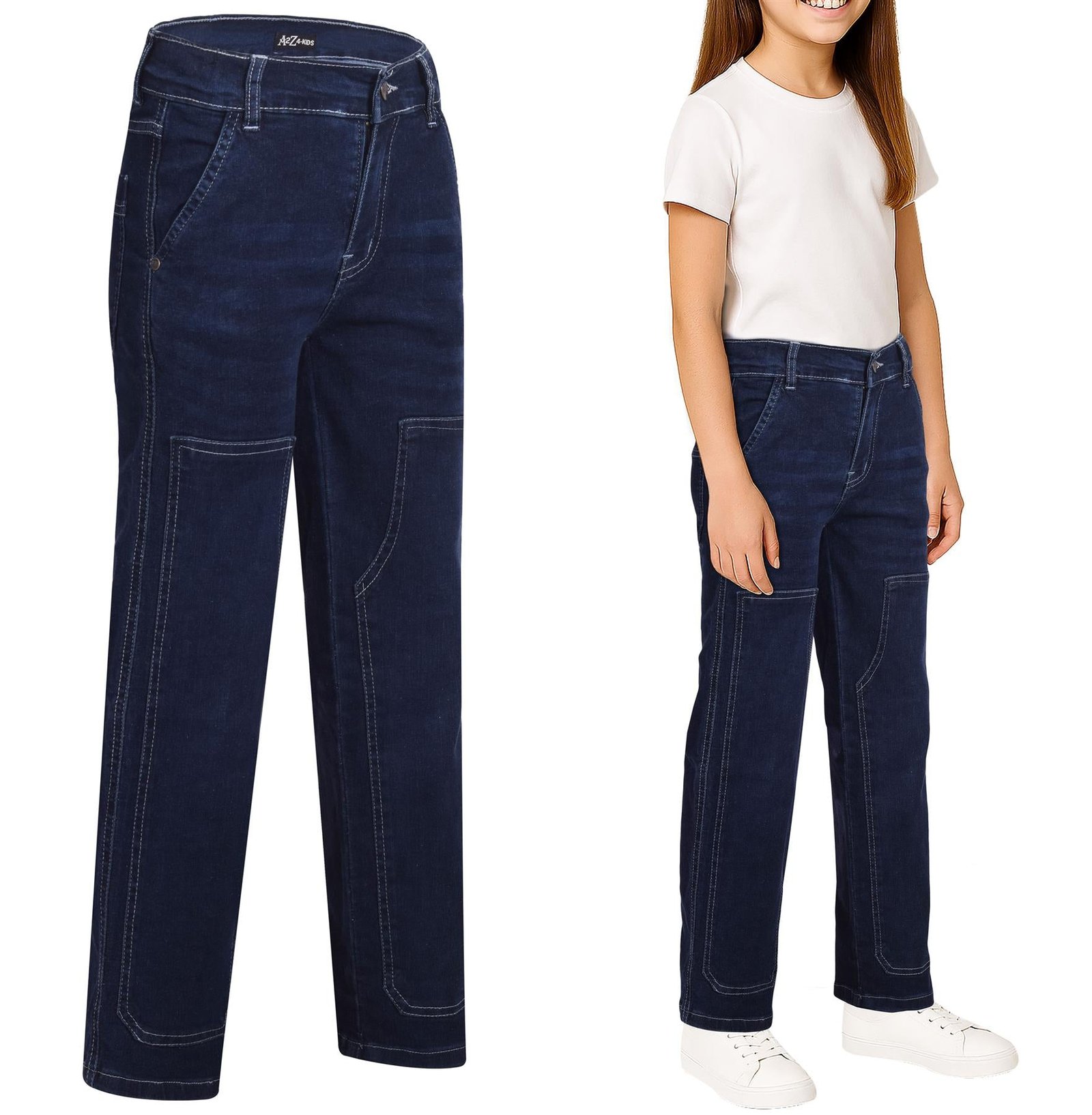 Kids Girls Boys Denim Jeans Stitch Pocket Tailored Fashion Pants With Belt Loops - Image 5