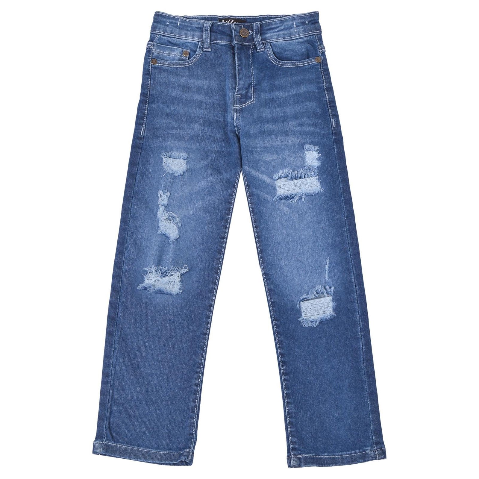 Kids Boys Relaxed Straight Fit Boot Cut Mid Blue Ripped Jeans - Image 5