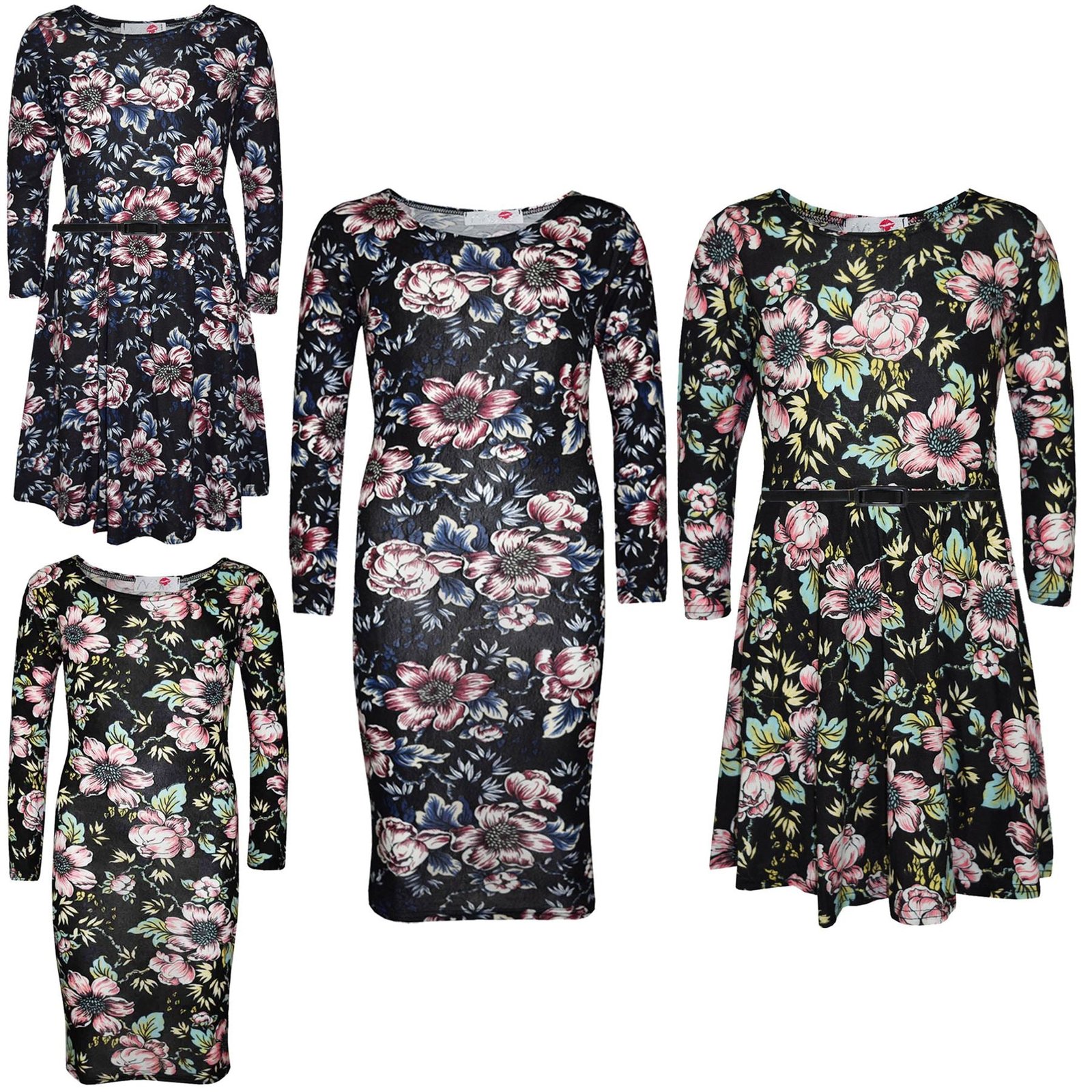 Kids Girls Skater Dress Floral Black Print Midi Dresses