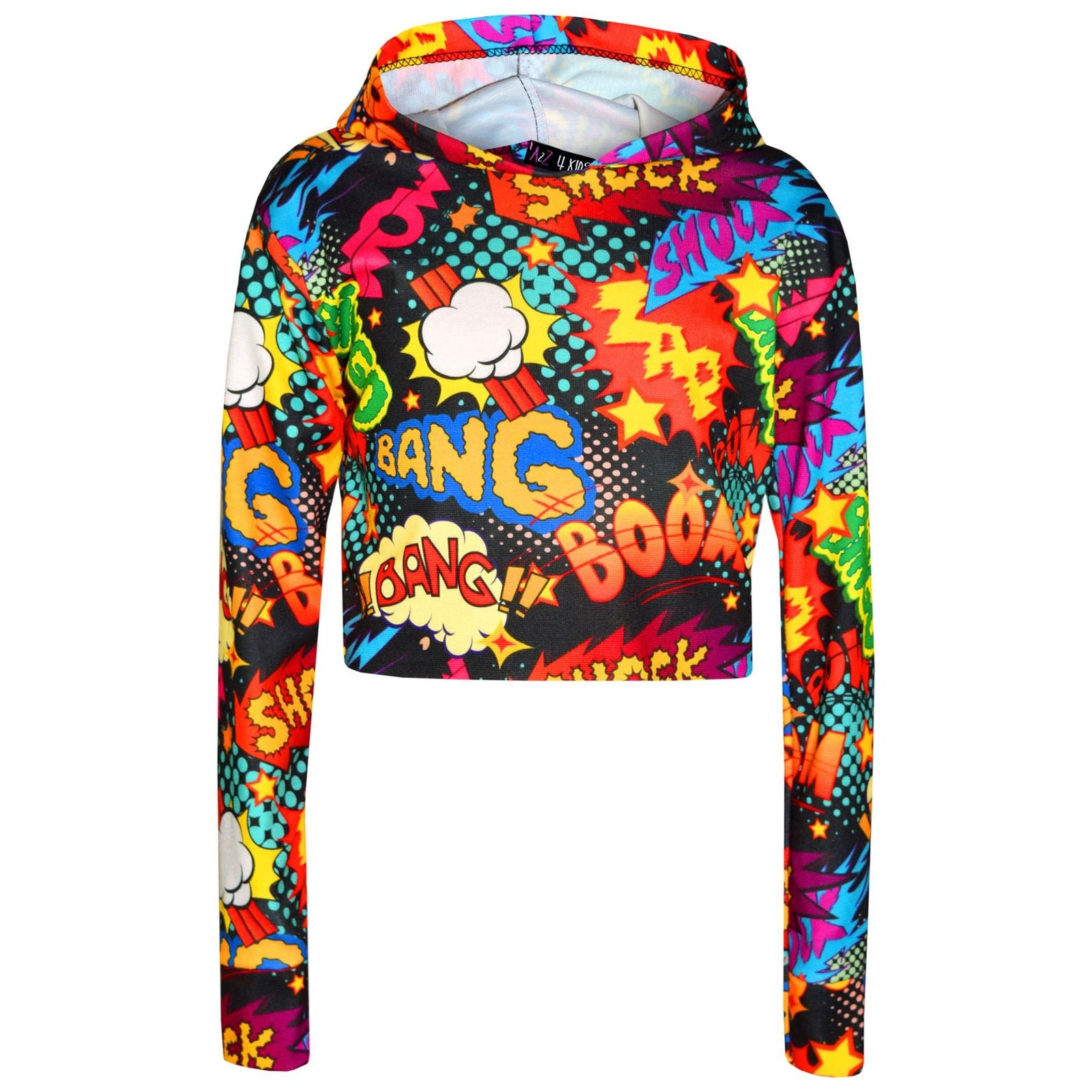 Kids Girls Wow Bang Boom Print Skater Dress Hooded Crop Top Legging - Image 5