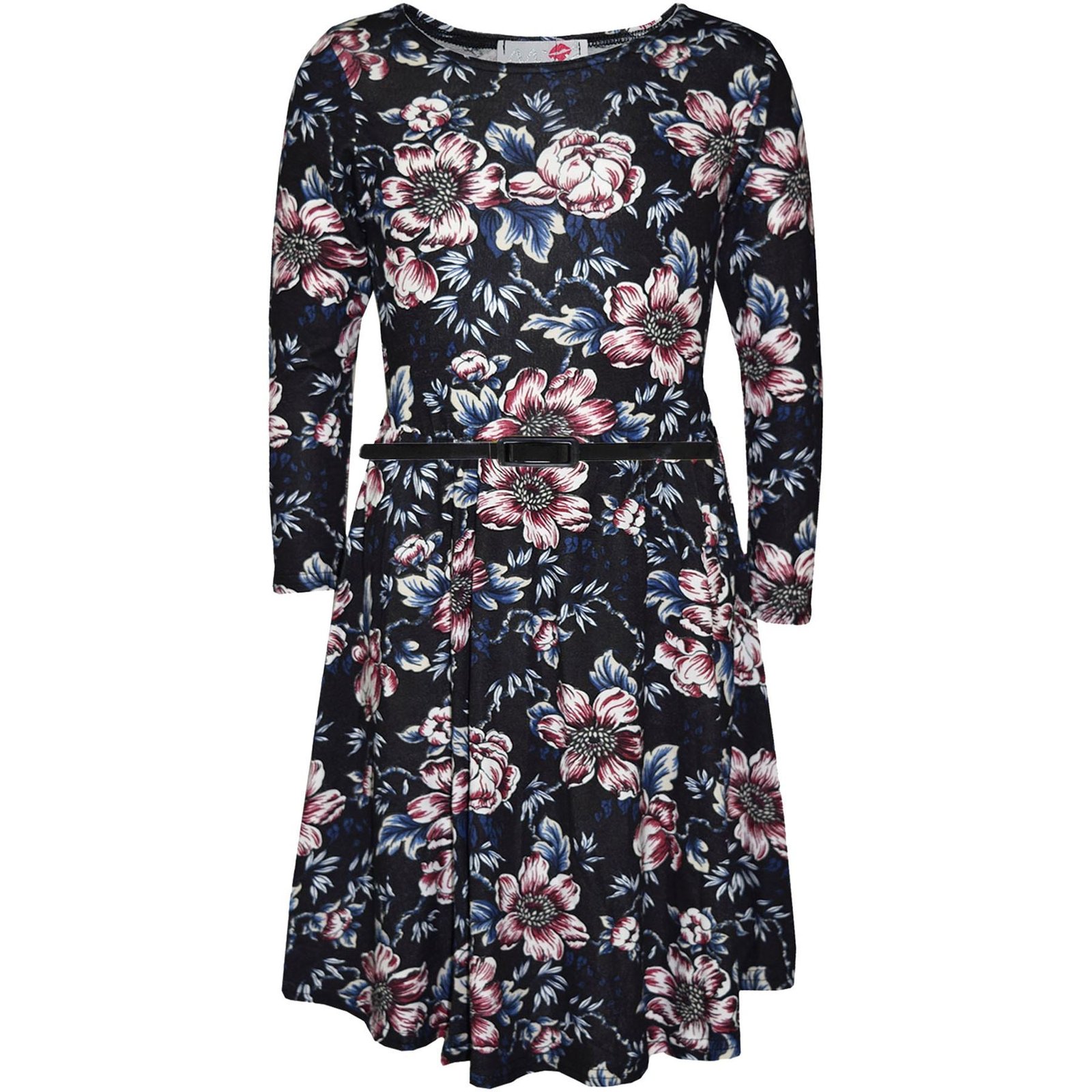 Kids Girls Skater Dress Floral Black Print Midi Dresses - Image 5