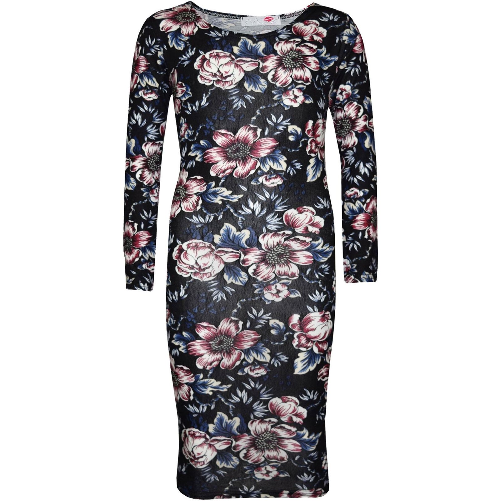 Kids Girls Skater Dress Floral Black Print Midi Dresses - Image 3