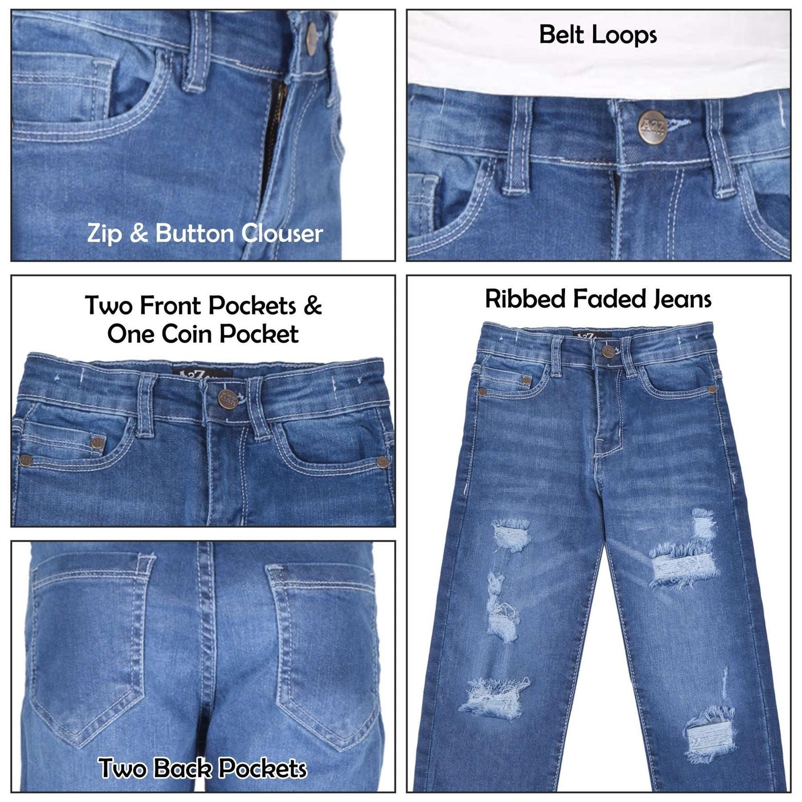 Kids Boys Relaxed Straight Fit Boot Cut Mid Blue Ripped Jeans - Image 4
