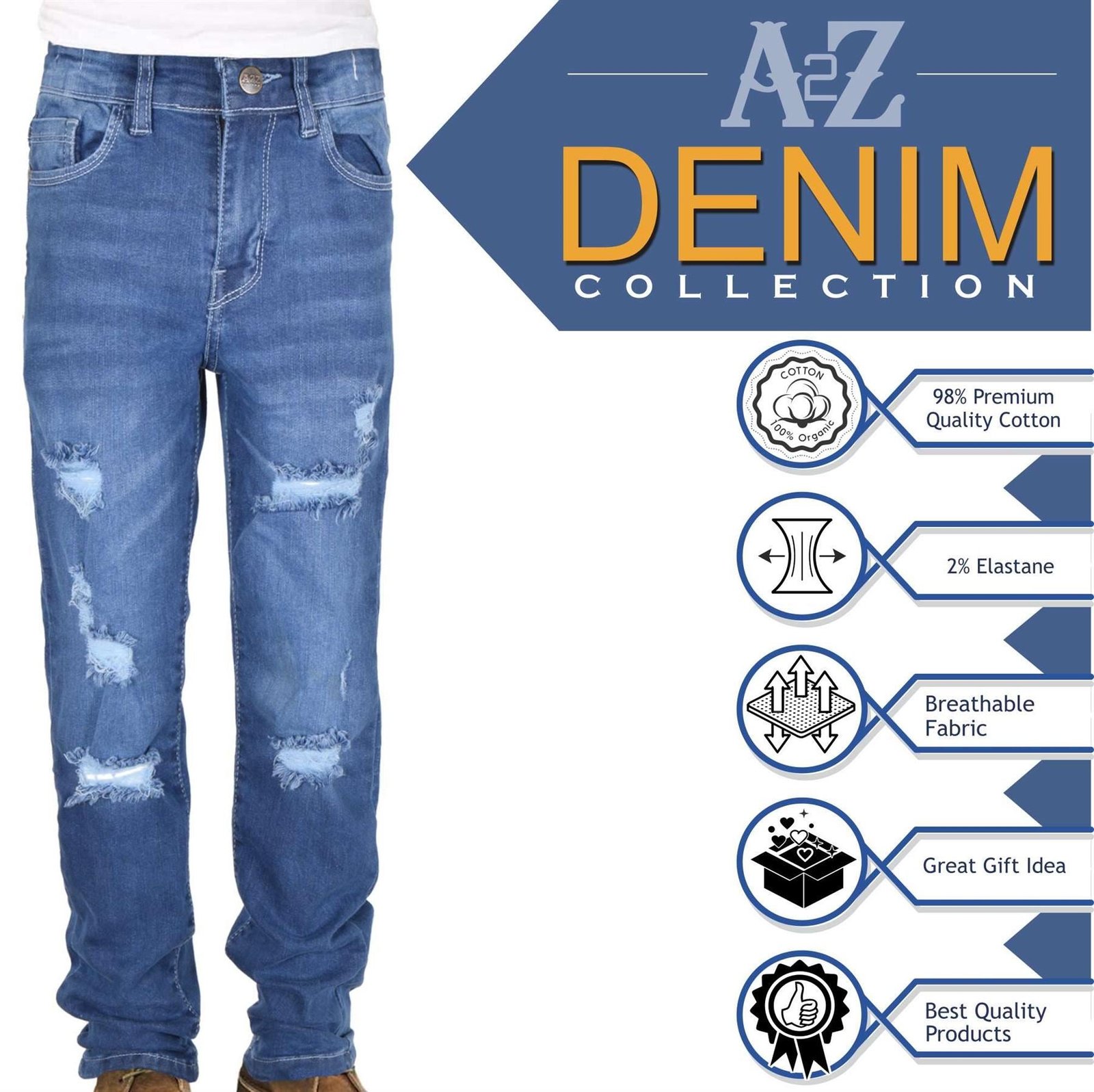 Kids Boys Relaxed Straight Fit Boot Cut Mid Blue Ripped Jeans - Image 3