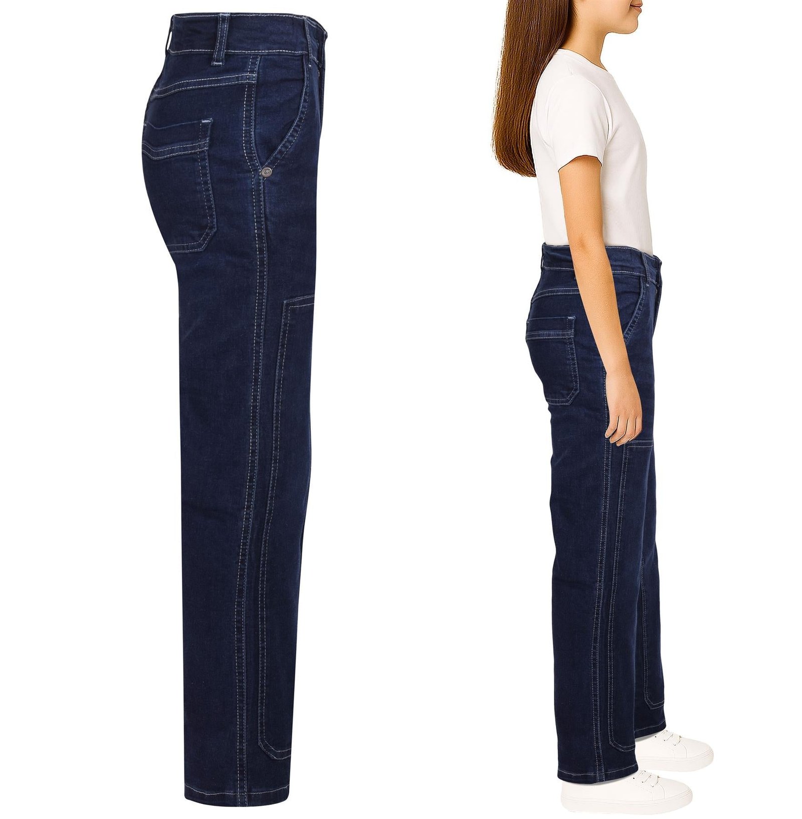 Kids Girls Boys Denim Jeans Stitch Pocket Tailored Fashion Pants With Belt Loops - Image 4