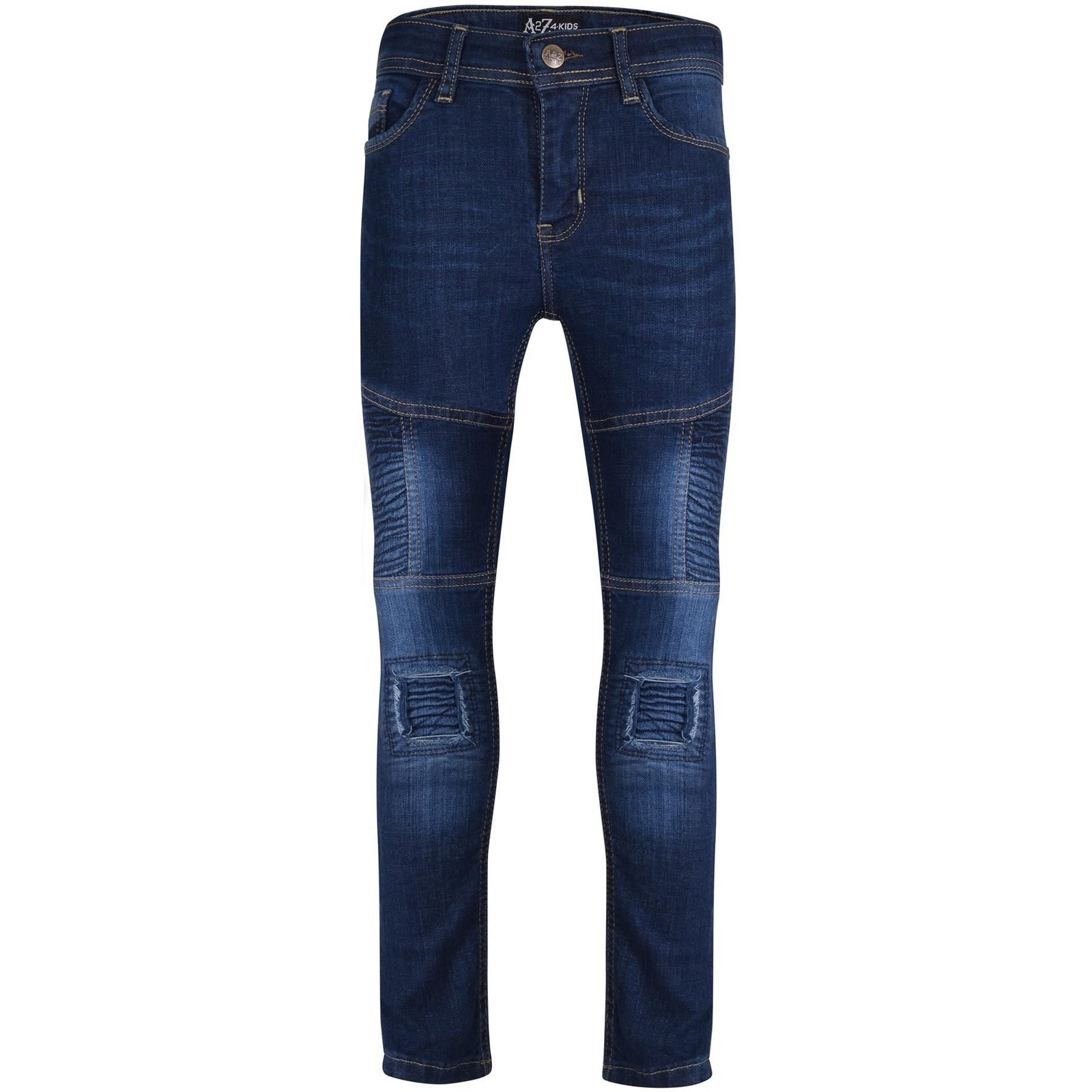 Boys Skinny Ripped Dark Blue Classic Cotton Patched Pants - Image 2